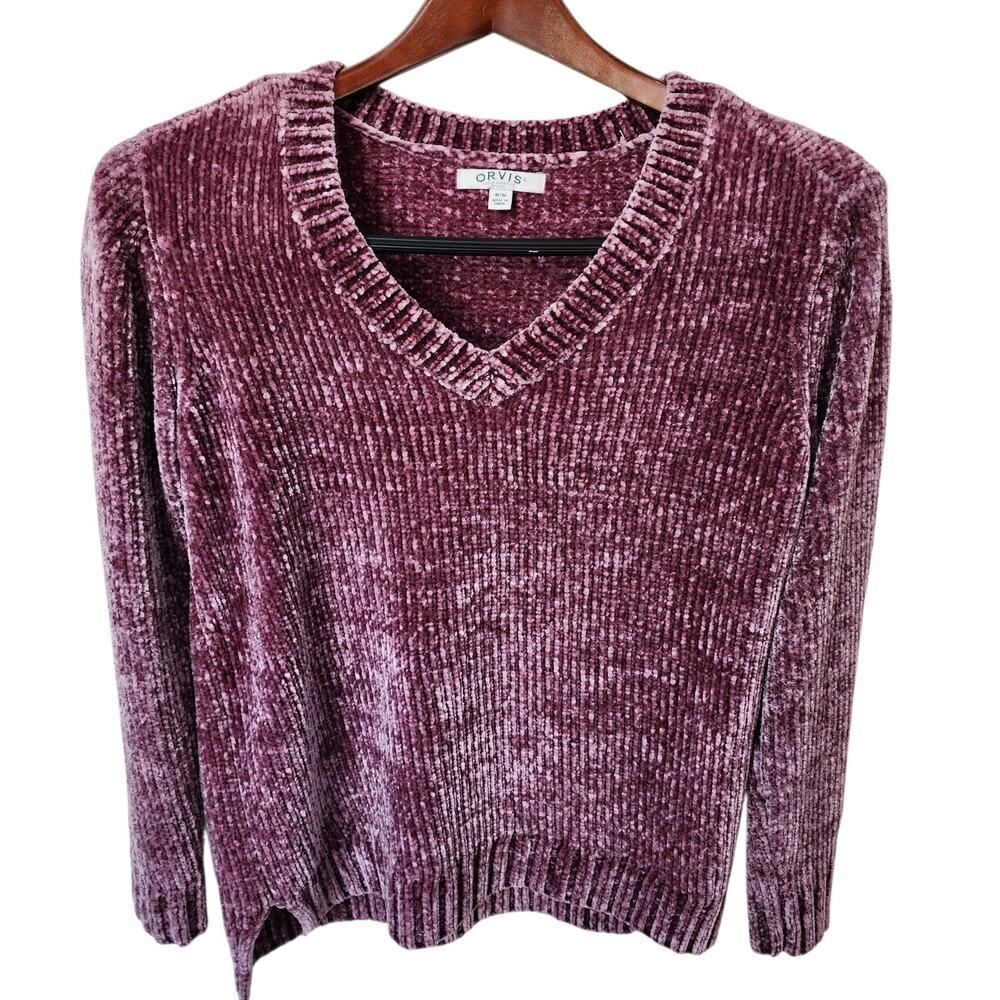 Orvis Chenille Sweater Womens M Plum Mauve V-Neck Pullover Slit Hem Classic Soft